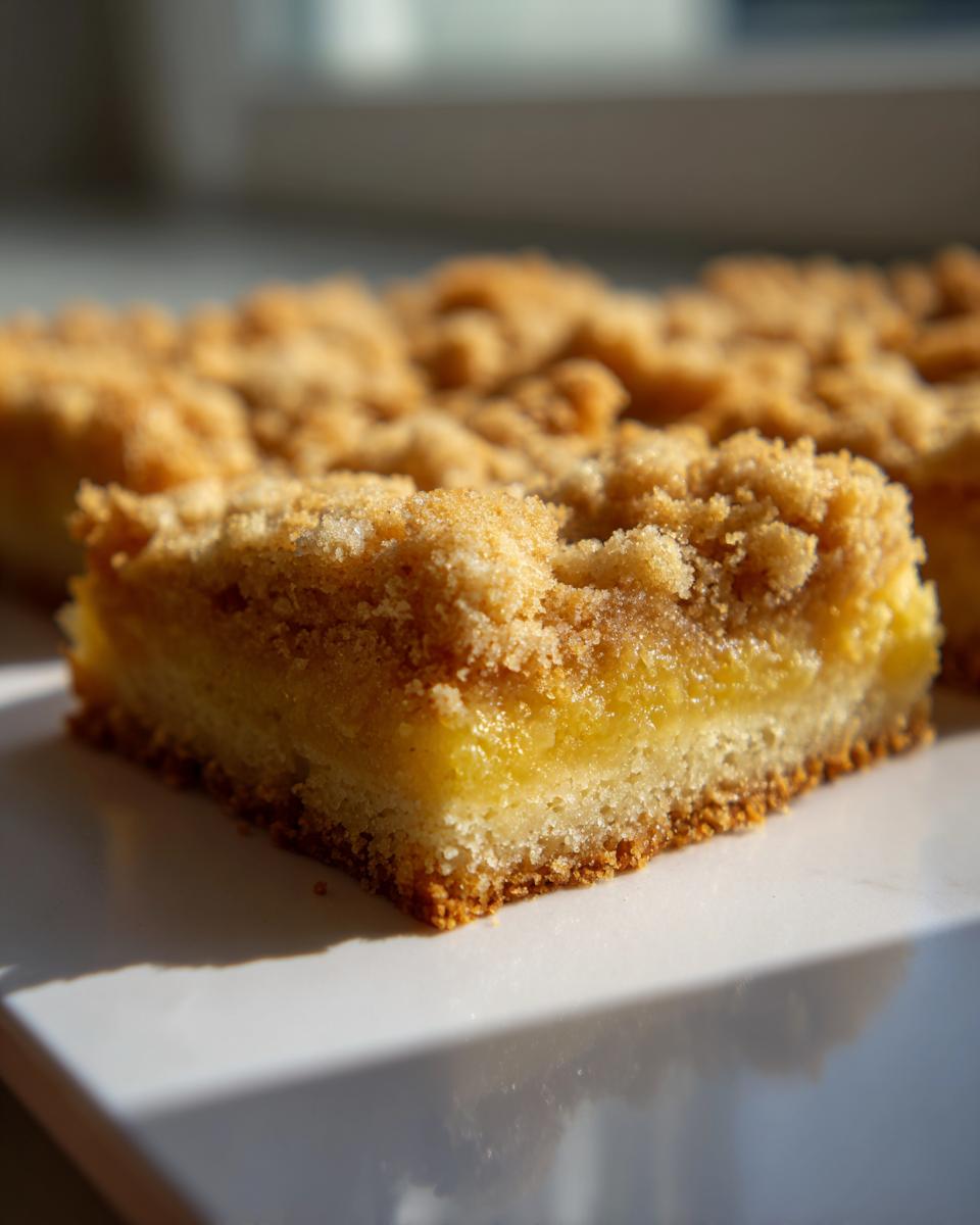 A close-up shot of a square Cake Picnic Bar showing a thick, golden crumb topping over a bright yellow filling layer.