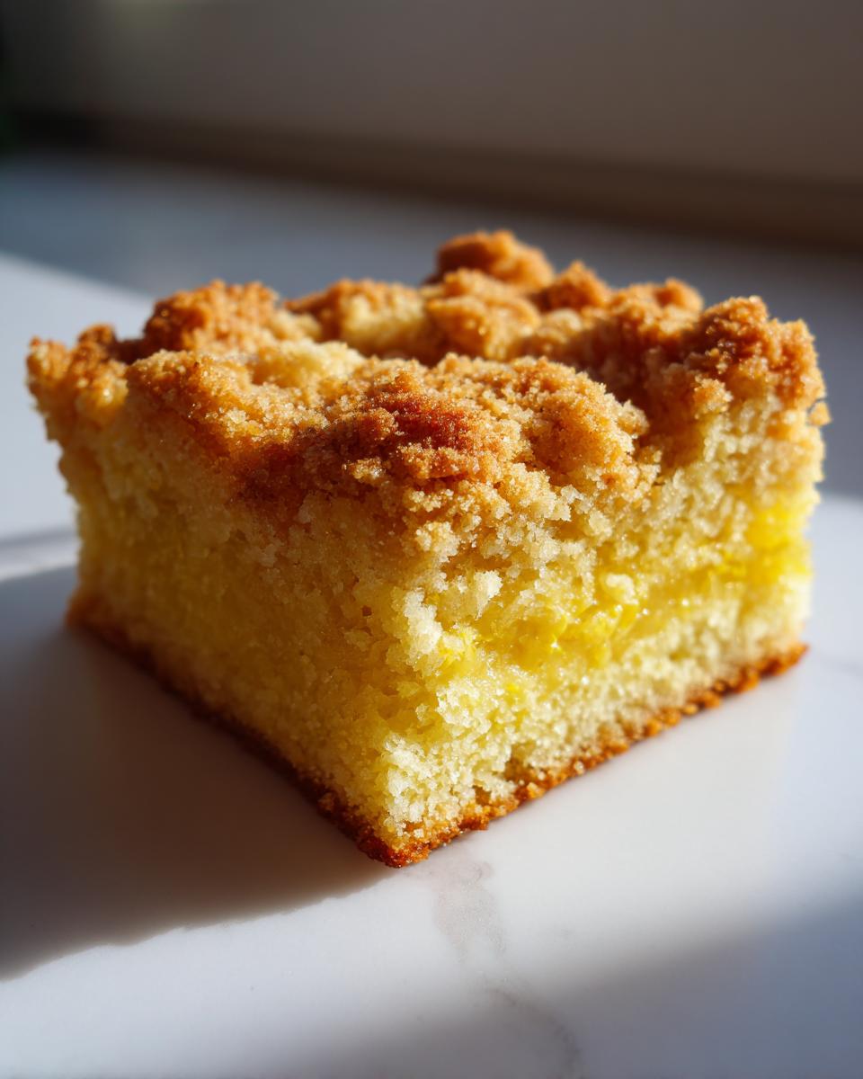 A single square slice of Cake Picnic Bar featuring a bright yellow filling and a golden brown crumb topping.