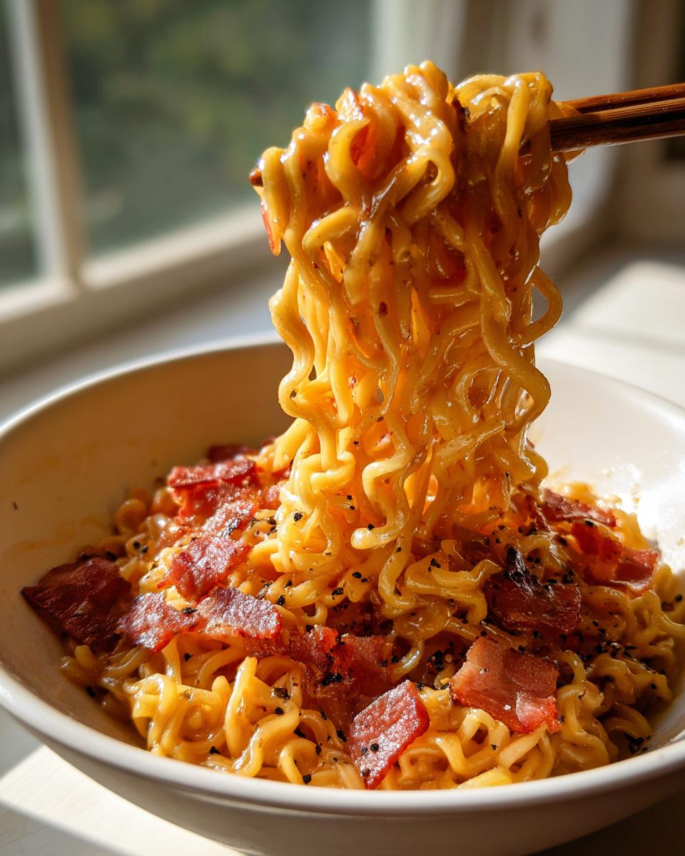 Chopsticks lifting creamy noodles from a bowl of Carbonara Buldak Ramen topped with crispy bacon pieces.
