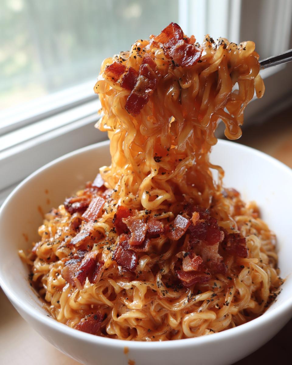 A close-up shot of creamy Carbonara Buldak Ramen being lifted from a white bowl with chopsticks, topped generously with crispy bacon bits and black pepper.