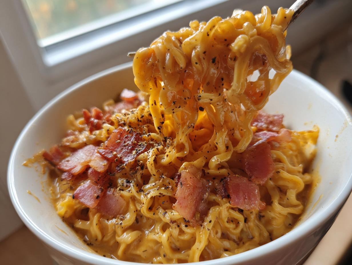 A fork lifts creamy, saucy Carbonara Buldak Ramen noodles topped with crispy bacon bits and black pepper.