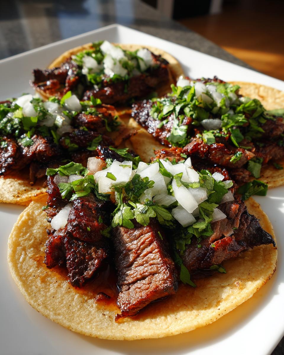Three delicious Carne Asada Tacos topped with diced white onion and fresh cilantro on a white plate.