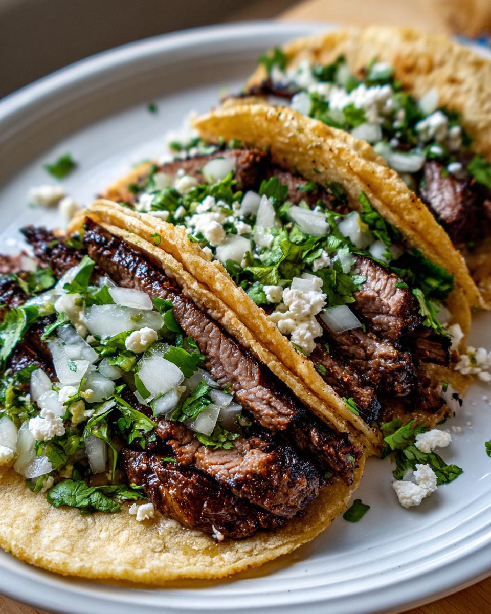 Close-up of three grilled Carne Asada Tacos topped with diced white onion, cilantro, and crumbled white cheese.