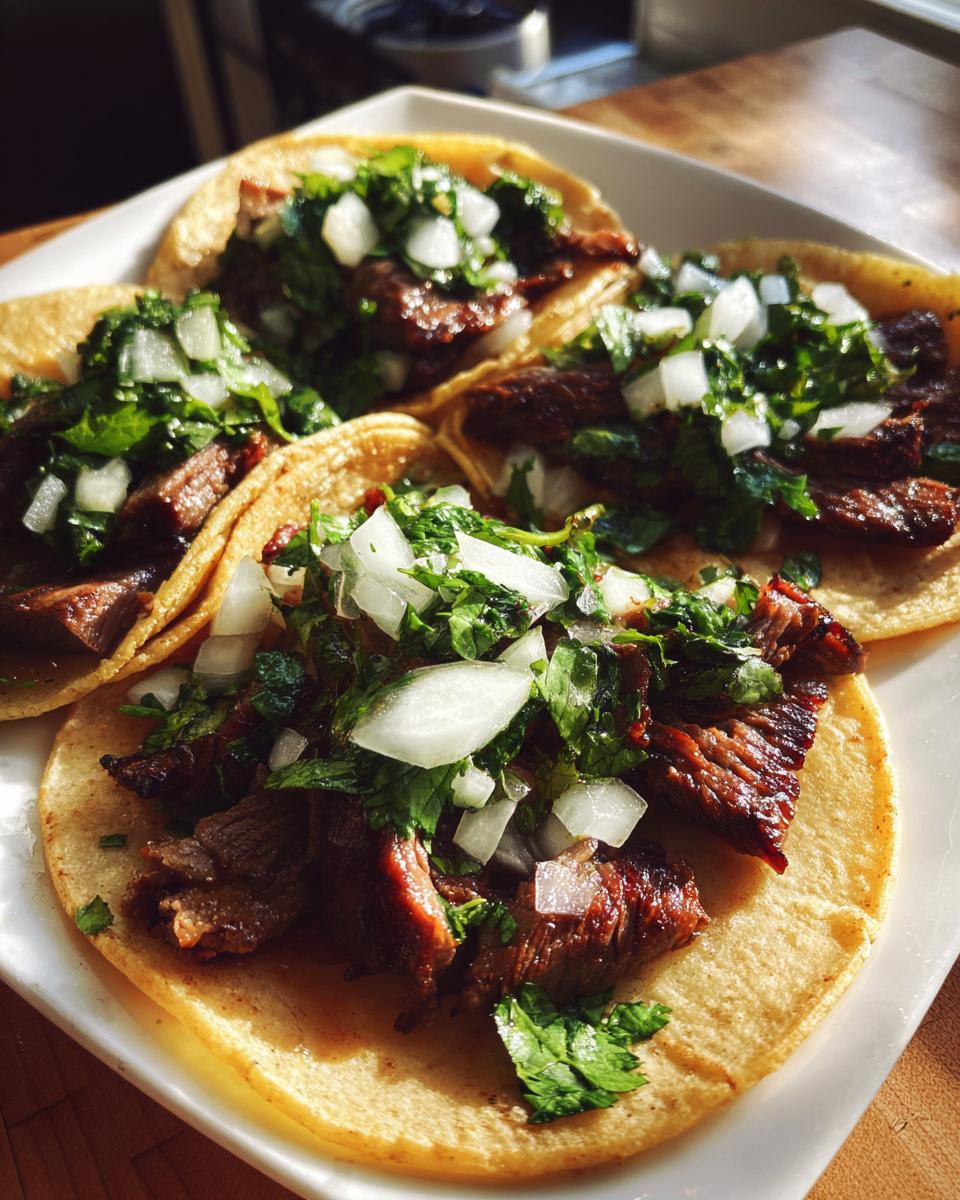 Four freshly made Carne Asada Tacos topped generously with diced white onion and cilantro.