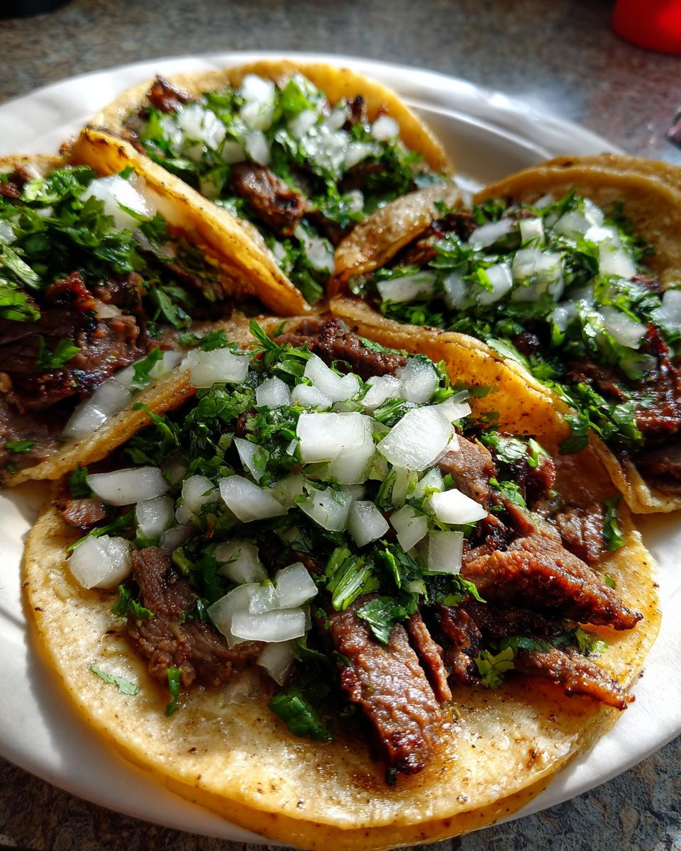 Four delicious Carne Asada Tacos topped with diced white onion and fresh cilantro on corn tortillas.