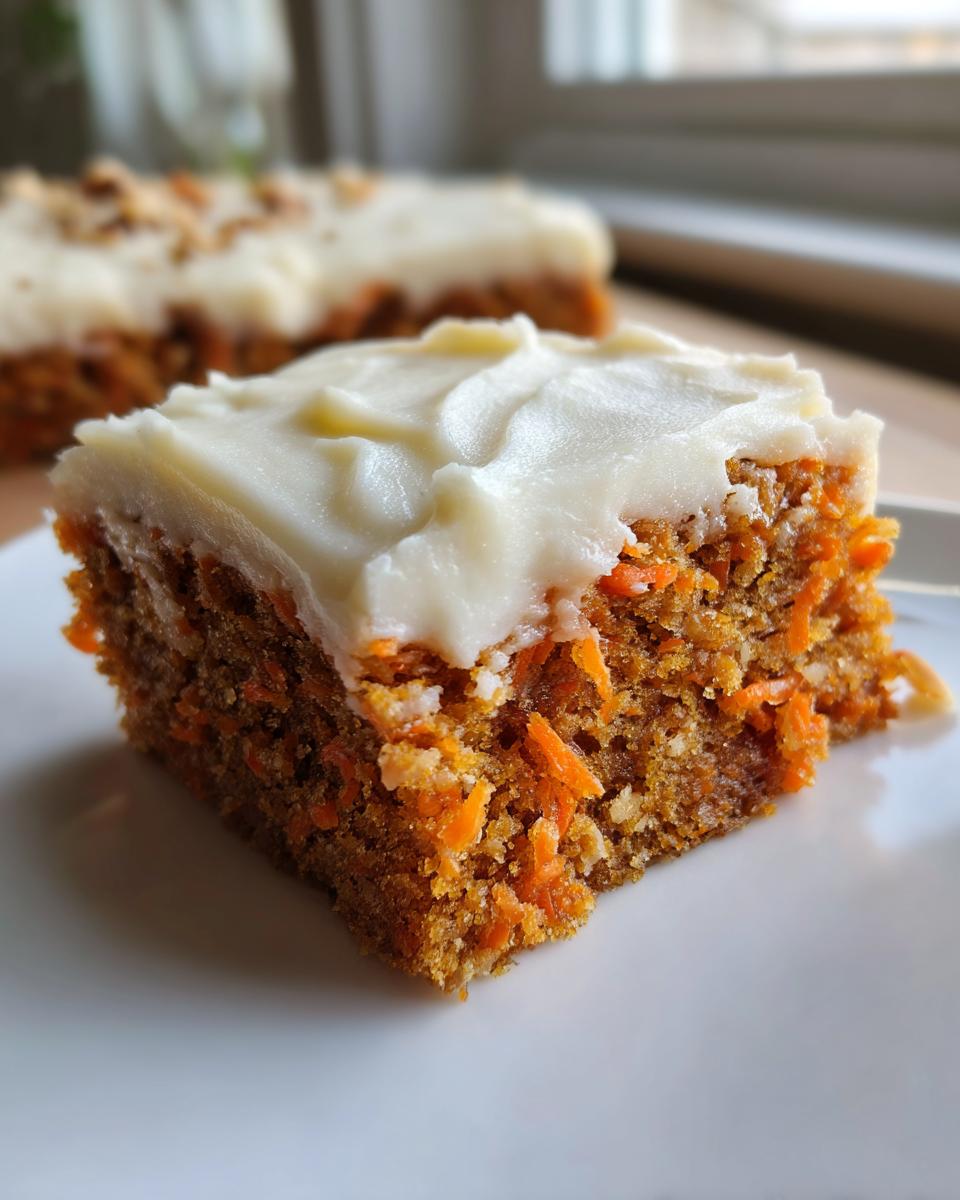 A close-up, appetizing shot of a single square of carrot cake bars topped with thick cream cheese frosting.