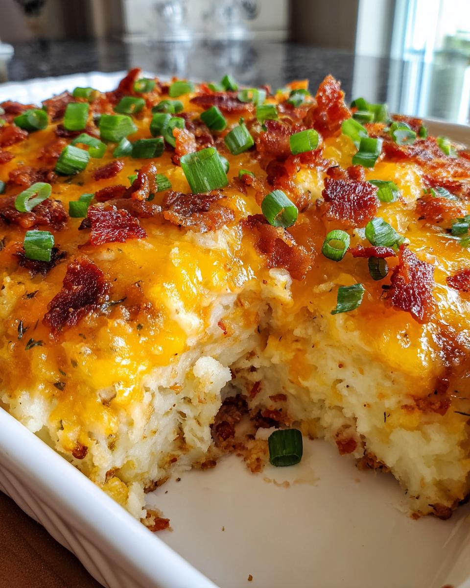 A scoop has been taken out of a baked mashed potato casserole topped with melted cheddar cheese, bacon bits, and green onions.