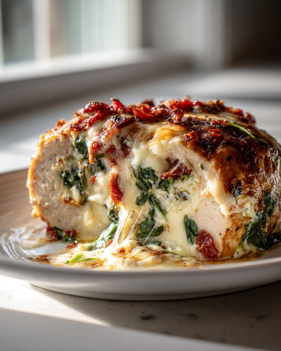 Cross-section of cheesy baked chicken breast stuffed with spinach and sun-dried tomatoes, showing a dramatic cheese pull.