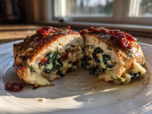 Close-up of cheesy baked chicken breast cut in half, showing melted cheese, spinach, and sun-dried tomatoes filling.