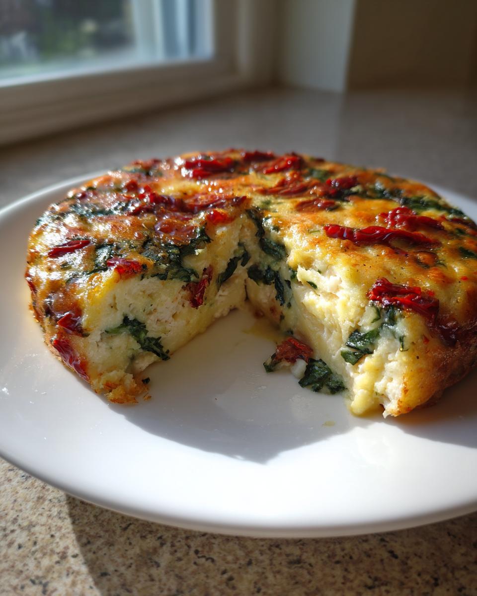 A slice removed from a round, cheesy baked chicken breast dish topped with sun-dried tomatoes and spinach.