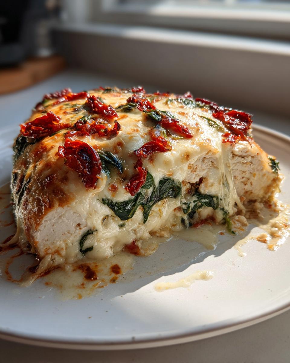 A cross-section of cheesy baked chicken breast stuffed with spinach and topped with melted cheese and sun-dried tomatoes.