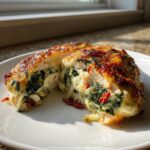 A close-up of cheesy baked chicken breast, cut in half to show melted cheese, spinach, and sun-dried tomatoes filling.