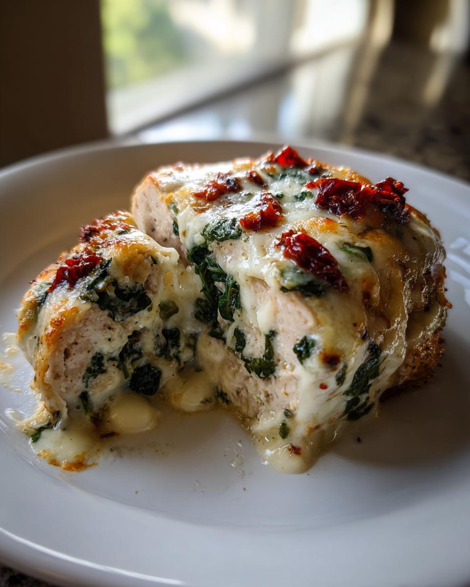 Cross-section of cheesy baked chicken breast stuffed with spinach and topped with melted cheese and sun-dried tomatoes.
