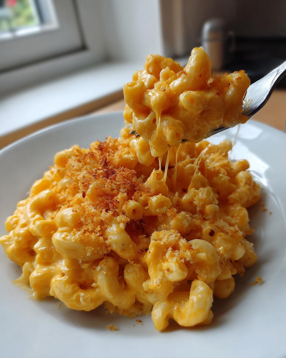 A fork lifting a cheesy, gooey portion of Crockpot Mac and Cheese topped with breadcrumbs.