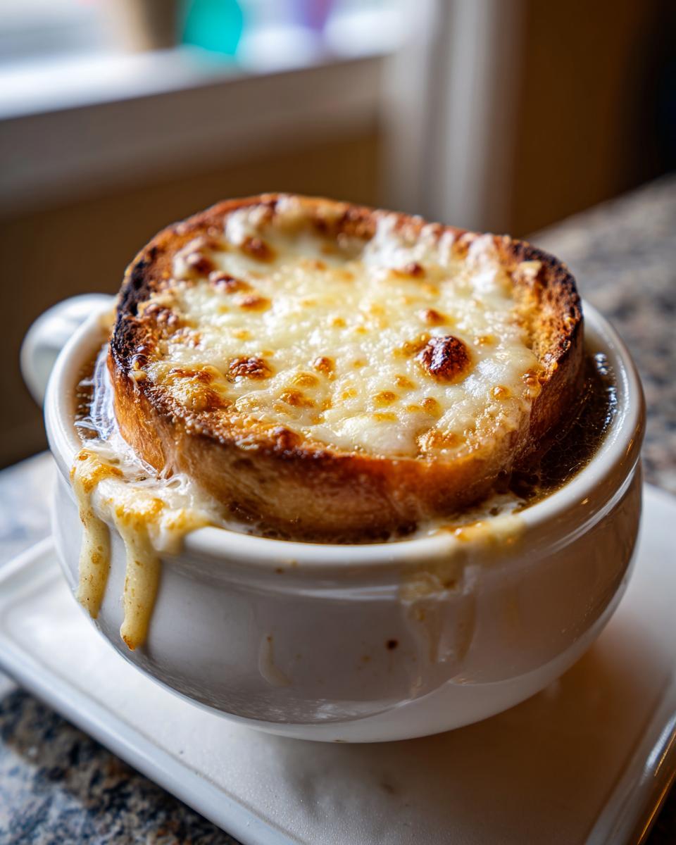 Close-up of a classic french onion soup bowl topped with a thick, broiled layer of melted, bubbly cheese over toasted bread.
