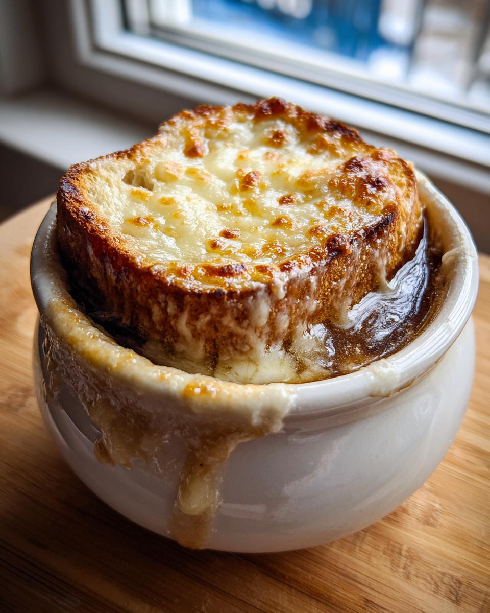 Close-up of a bowl of french onion soup topped with a thick, melted, and browned cheese crust on bread.
