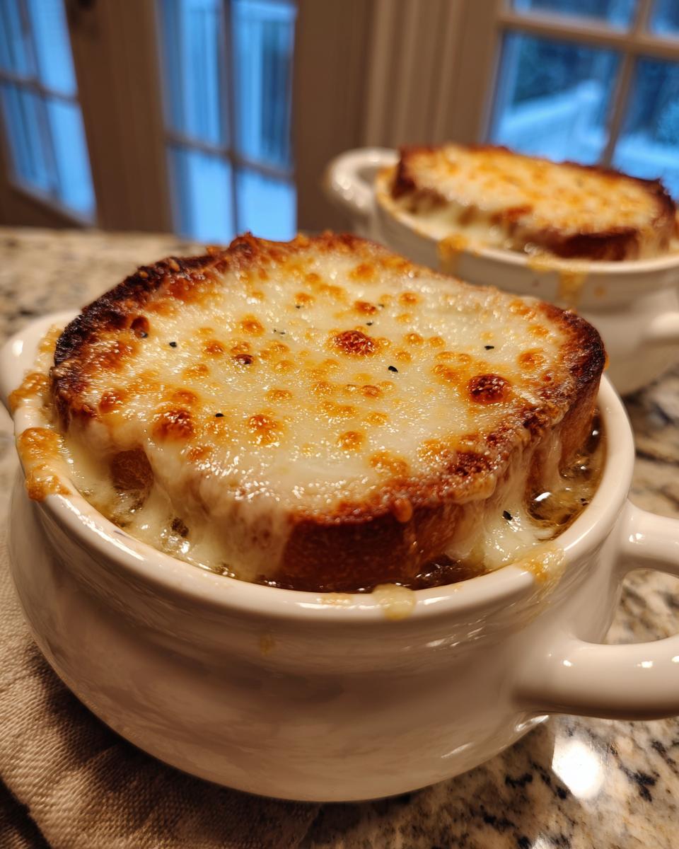 Close-up of a white crock filled with rich french onion soup, topped with a thick slice of toasted bread and melted, bubbly Gruyère cheese.