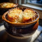 Close-up of a crock filled with bubbling french onion soup, topped with toasted bread and melted, browned cheese.