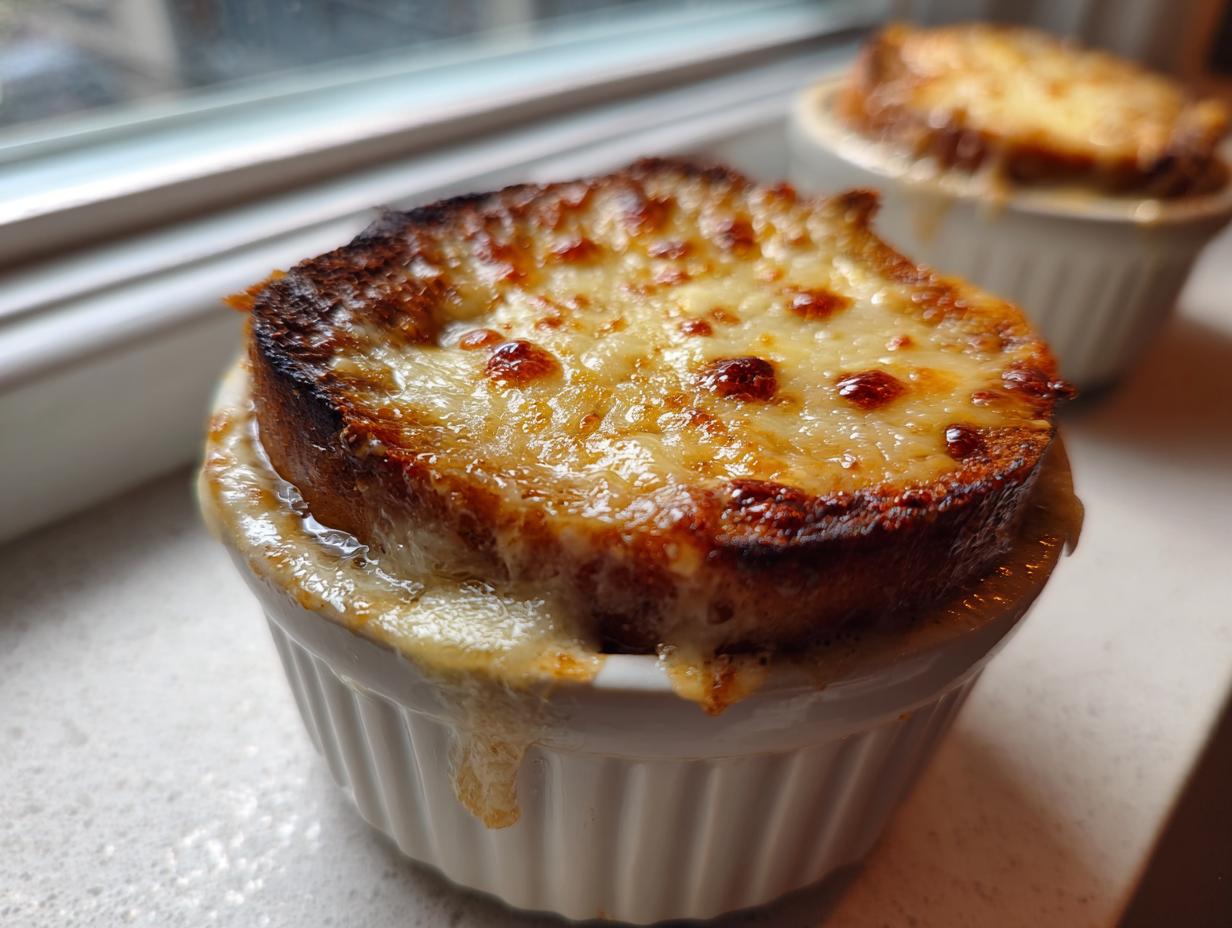Close-up of a perfectly broiled, cheesy crouton topping on a bowl of rich french onion soup.