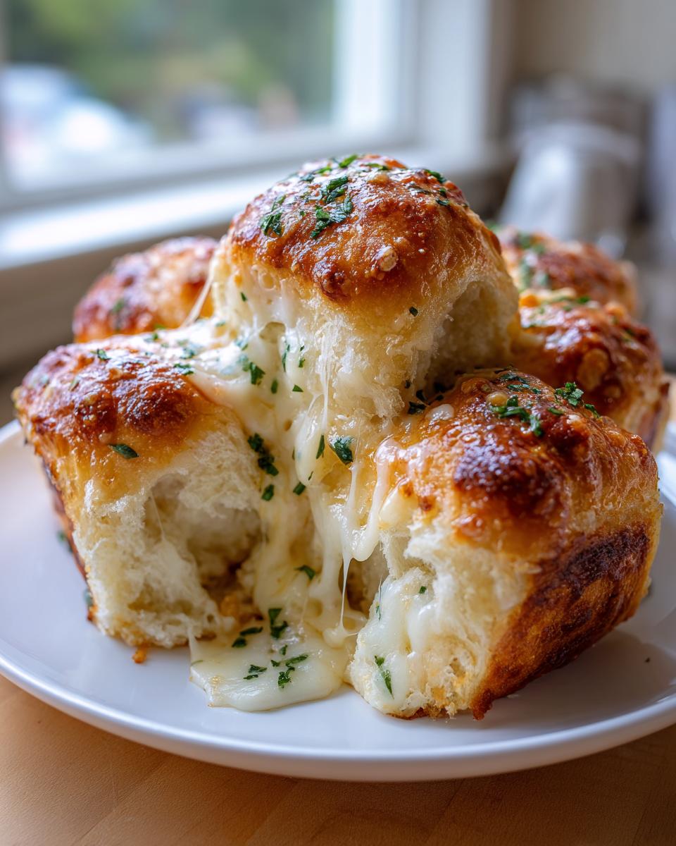 Close-up of freshly baked garlic cheese rolls with stringy, melted mozzarella cheese pulling apart and sprinkled with parsley.