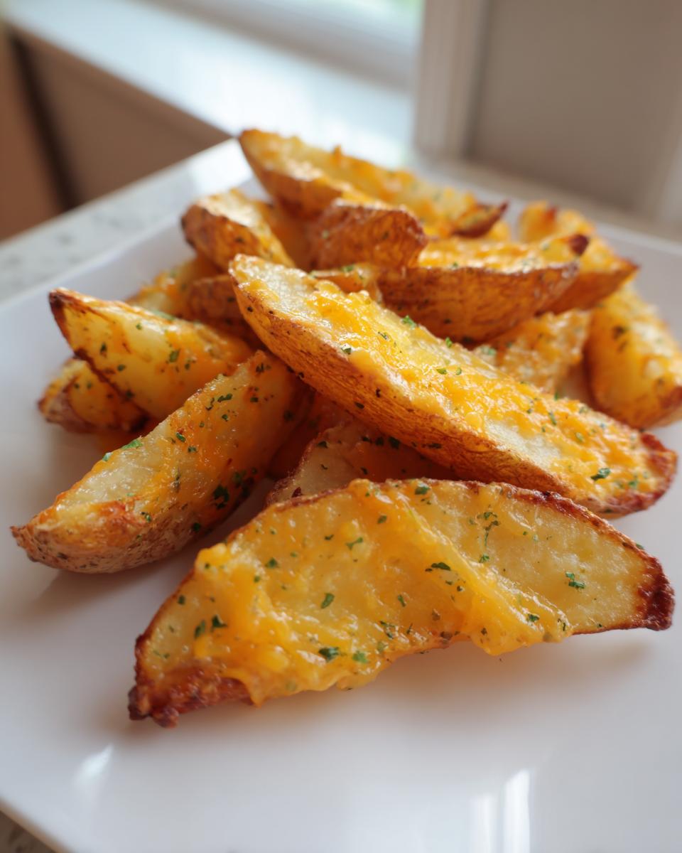 Close-up of crispy potato wedges topped with melted cheddar cheese and green herbs, showcasing cheesy ranch oven roasted potatoes.