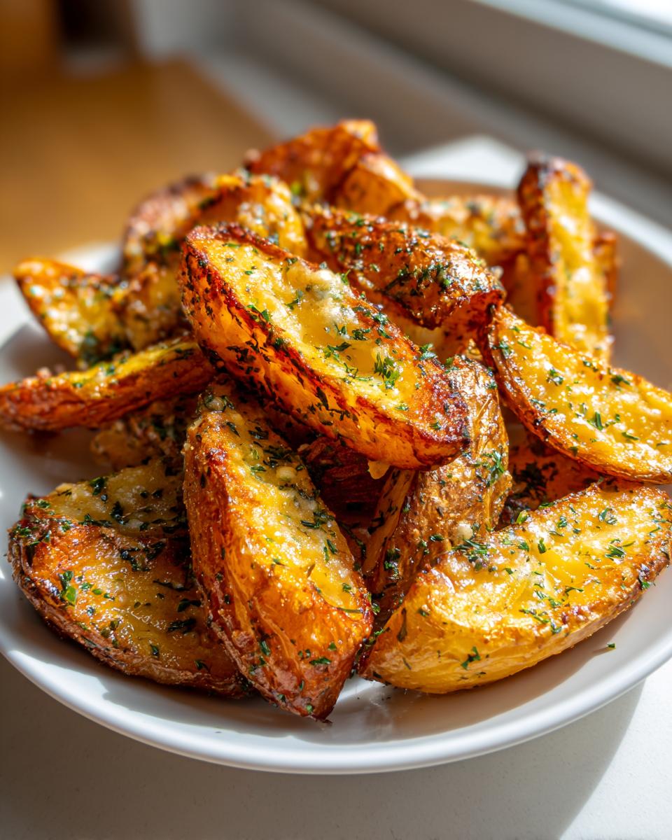 Close-up of crispy, golden cheesy ranch oven roasted potatoes sprinkled with fresh parsley on a white plate.