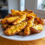 A generous pile of golden brown cheesy ranch oven roasted potatoes wedges topped with melted cheese and parsley.