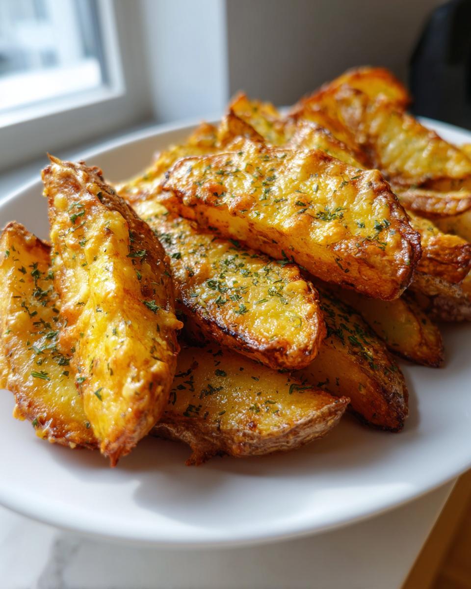 A close-up of crispy, golden cheesy ranch oven roasted potatoes wedges piled high on a white plate.