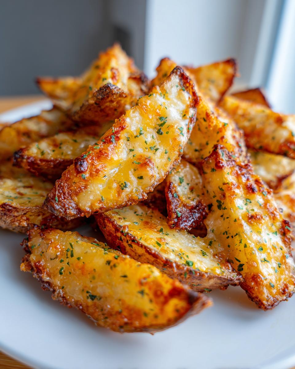 A close-up pile of golden, crispy cheesy ranch oven roasted potatoes wedges sprinkled with parsley.