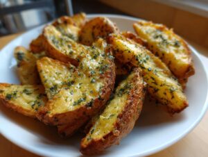 A close-up of golden brown, wedge-cut cheesy ranch oven roasted potatoes topped with melted cheese and parsley.