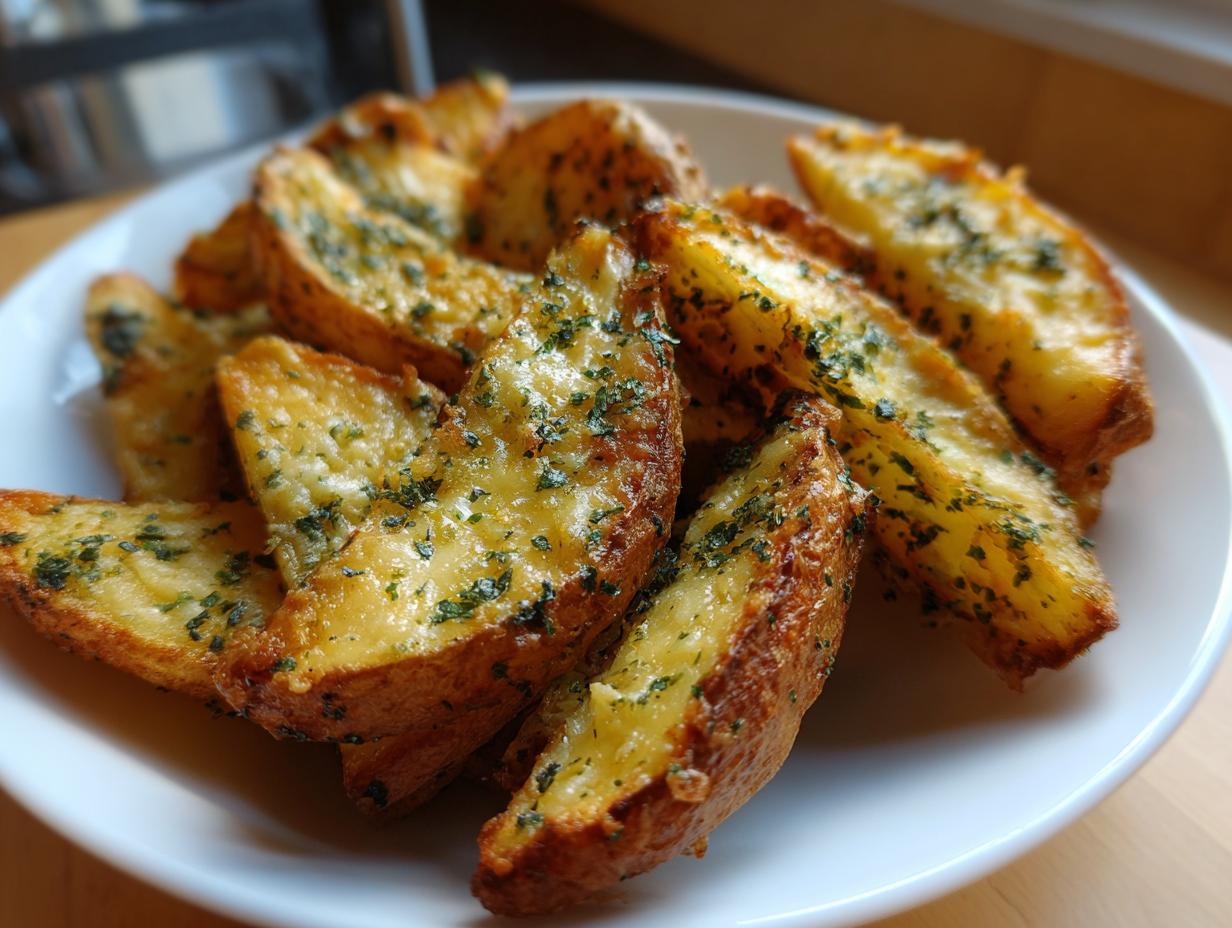 A close-up of golden brown, wedge-cut cheesy ranch oven roasted potatoes topped with melted cheese and parsley.