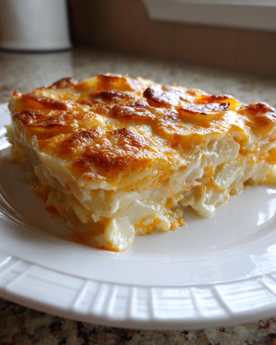 A thick, cheesy slice of baked scalloped potatoes with a golden-brown crust served on a white plate.