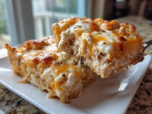 A serving of cheesy sour cream chicken being lifted, showing melted cheese strings stretching from the main portion.