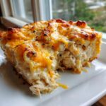 A close-up of a square serving of cheesy sour cream chicken casserole with a golden brown, melted cheese topping.