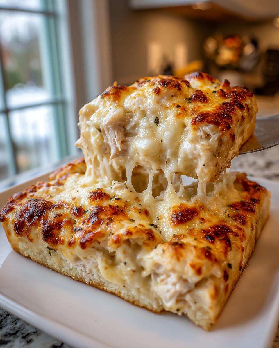 A serving of cheesy sour cream chicken being lifted, showing a dramatic cheese pull over the remaining square portion.