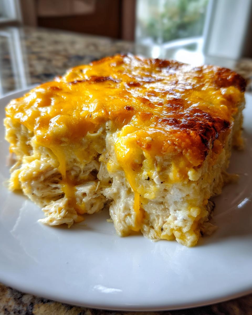 A close-up of a serving of cheesy sour cream chicken, showing shredded chicken topped with melted, bubbly cheddar cheese.