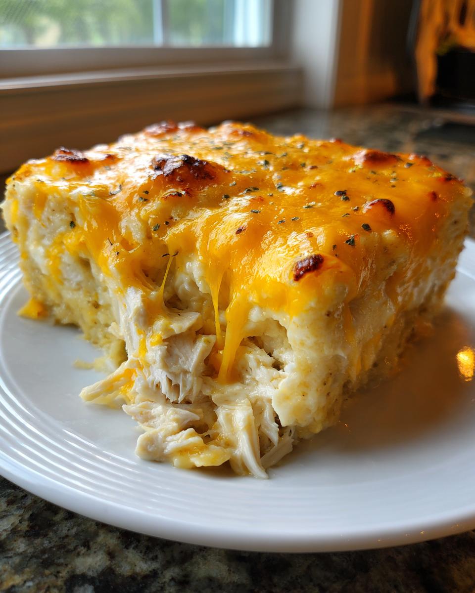 A square serving of cheesy sour cream chicken casserole with melted cheddar cheese topping.