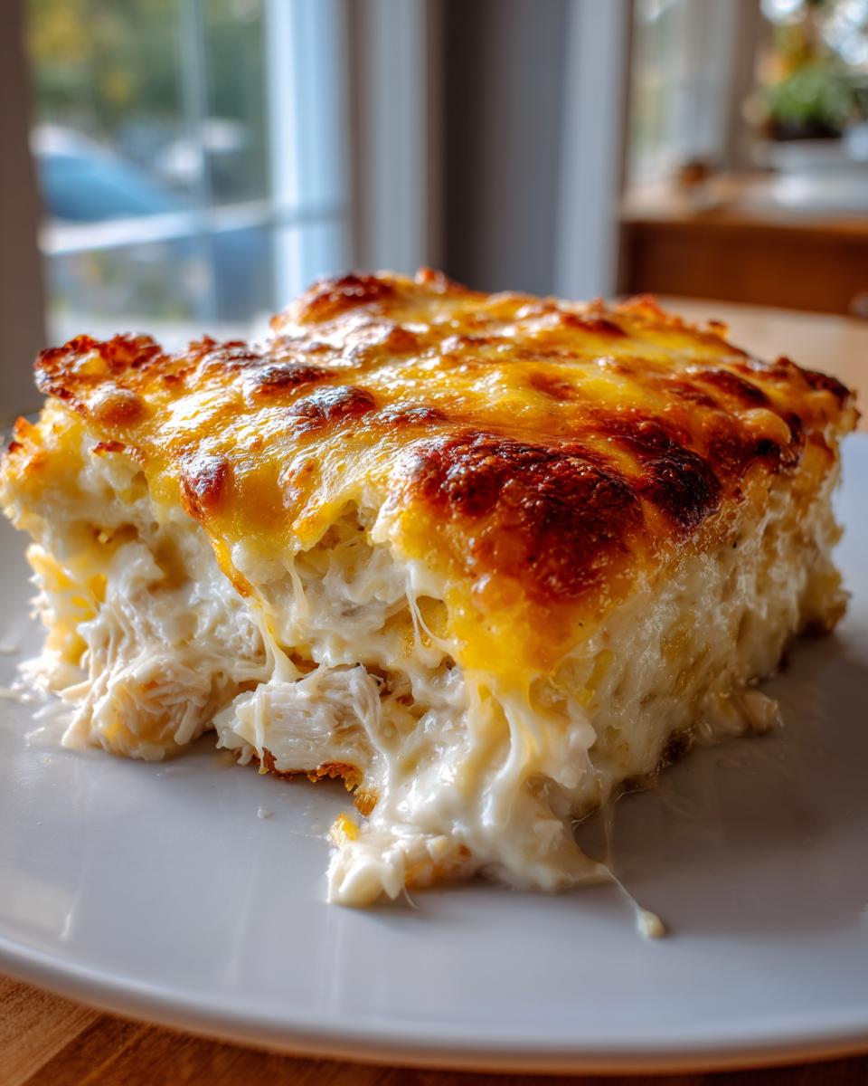 A rich, cheesy sour cream chicken portion with a golden-brown crust and stringy melted cheese.