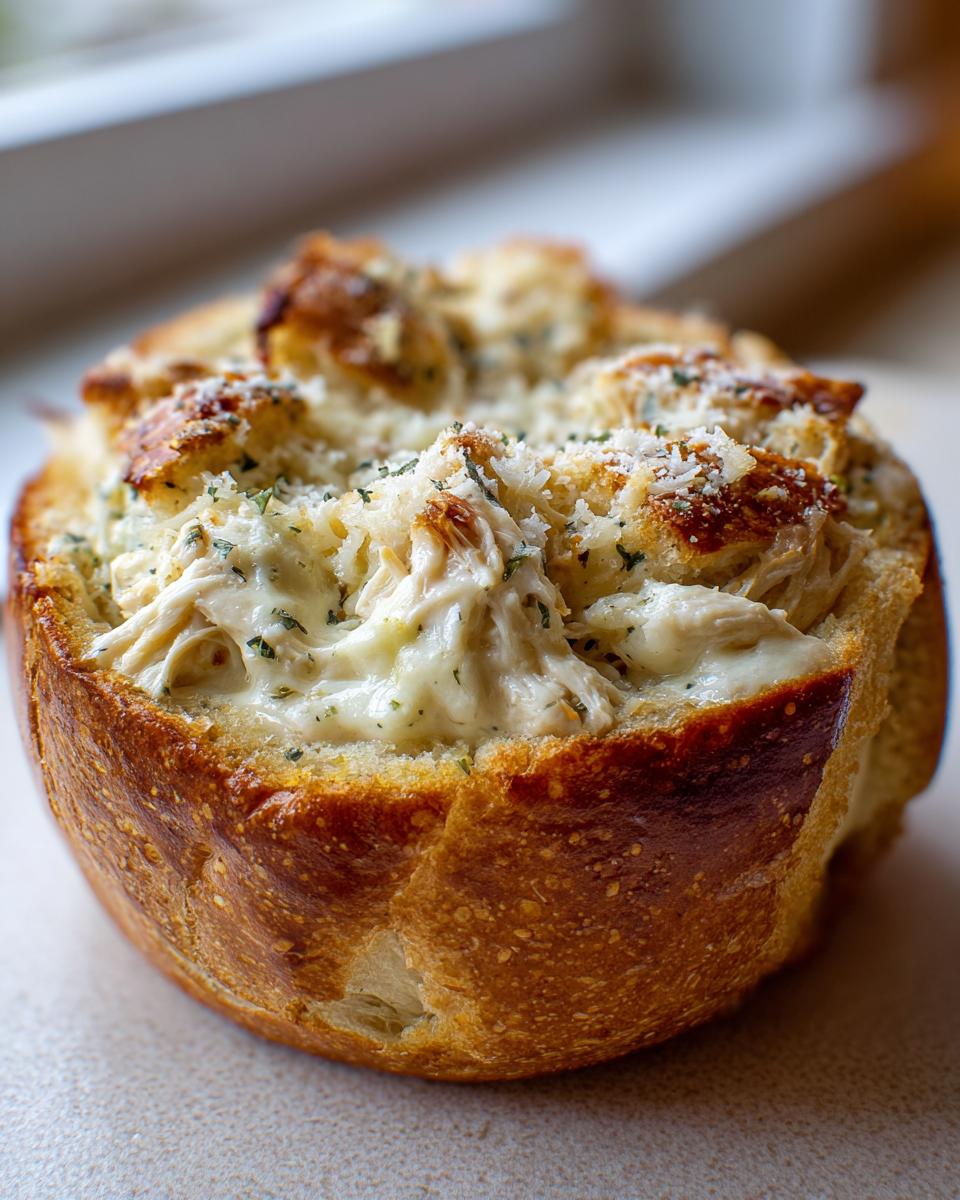Close-up of a baked bread bowl filled with creamy chicken alfredo garlic bread filling.