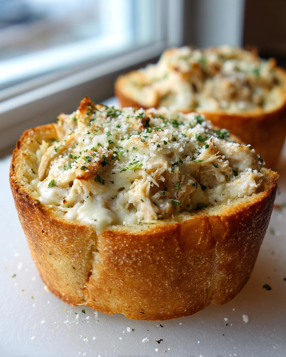 A close-up of a baked chicken alfredo garlic bread bowl overflowing with creamy filling, topped with melted cheese and parsley.