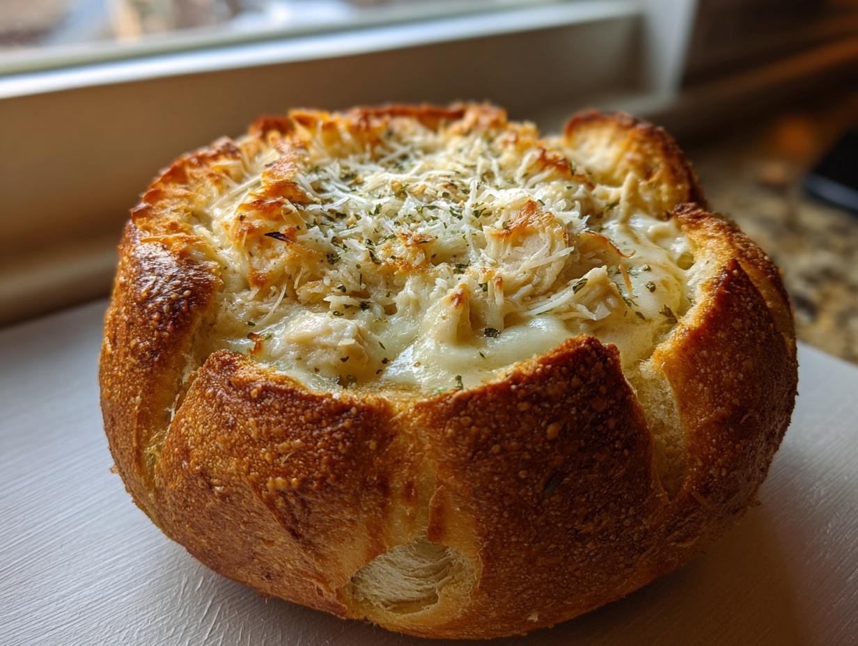 Close-up of a baked chicken alfredo garlic bread bowl filled with creamy sauce, shredded chicken, and melted cheese.
