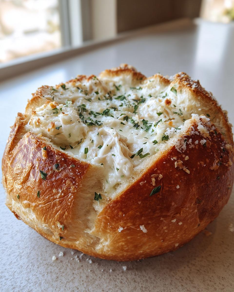Close-up of a golden bread bowl filled with creamy chicken alfredo garlic bread bowls mixture and sprinkled with parsley.