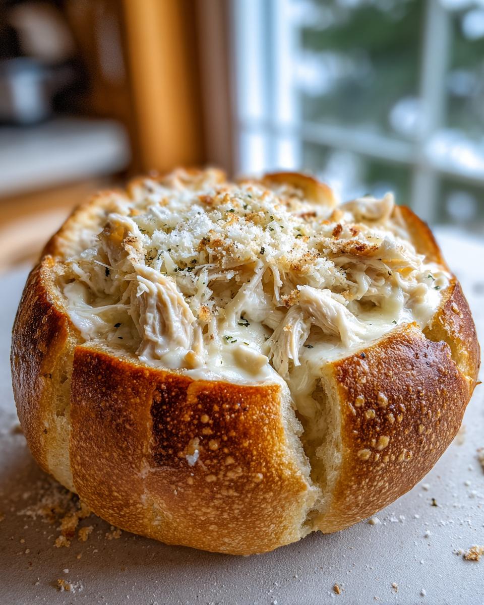 Close-up of a bread bowl filled with creamy chicken alfredo garlic bread bowls mixture and topped with parmesan.
