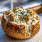 Close-up of a baked bread bowl overflowing with creamy chicken alfredo garlic bread bowls filling and melted cheese.