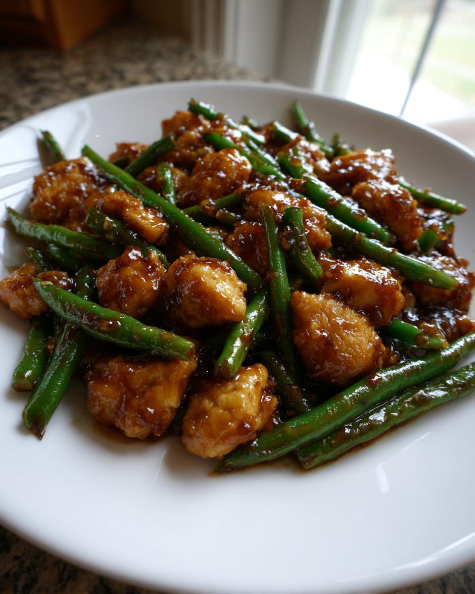 Close-up of a white plate filled with glossy chicken and green bean stir fry coated in a rich brown sauce.