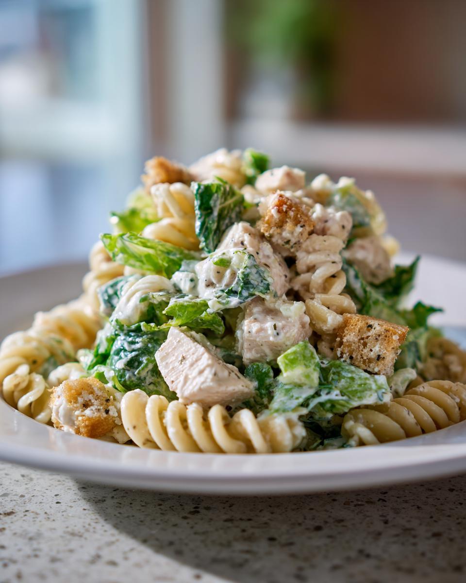 A serving of creamy chicken caesar pasta salad featuring fusilli pasta, grilled chicken chunks, romaine lettuce, and croutons.
