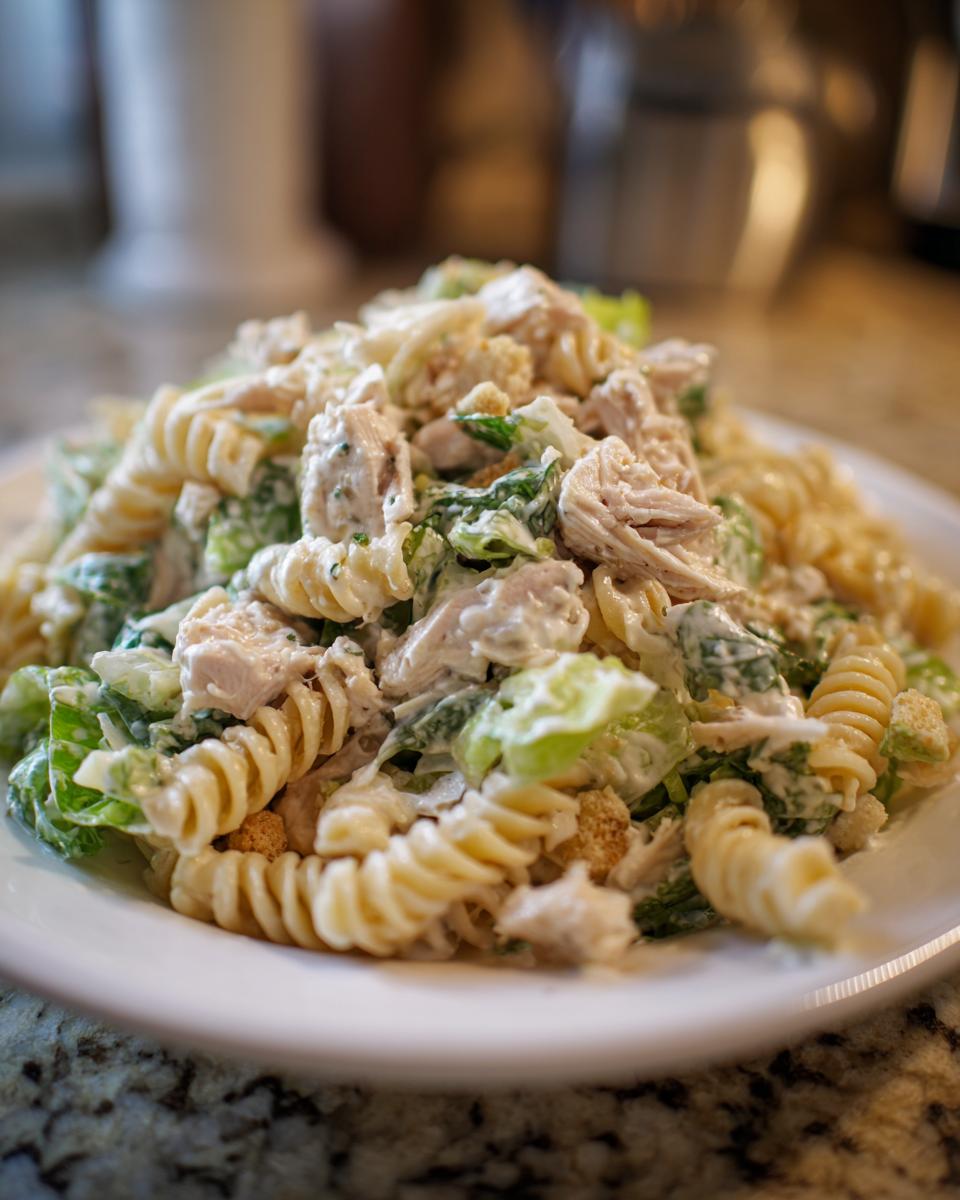 A close-up of a creamy chicken caesar pasta salad featuring rotini pasta, shredded chicken, and romaine lettuce on a white plate.
