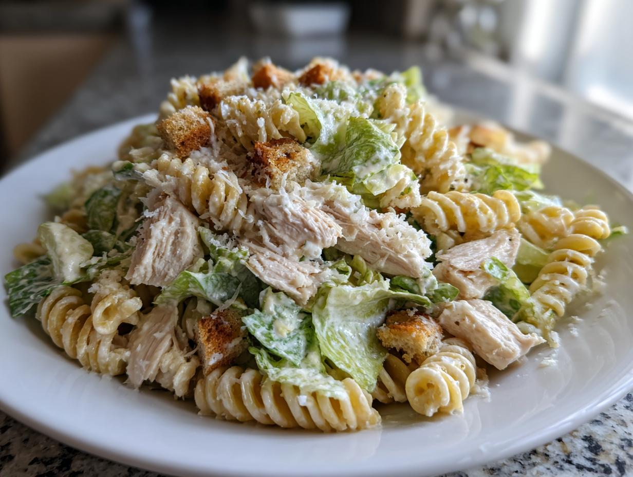 A close-up view of a serving of chicken caesar pasta salad featuring rotini pasta, shredded chicken, romaine lettuce, and croutons.
