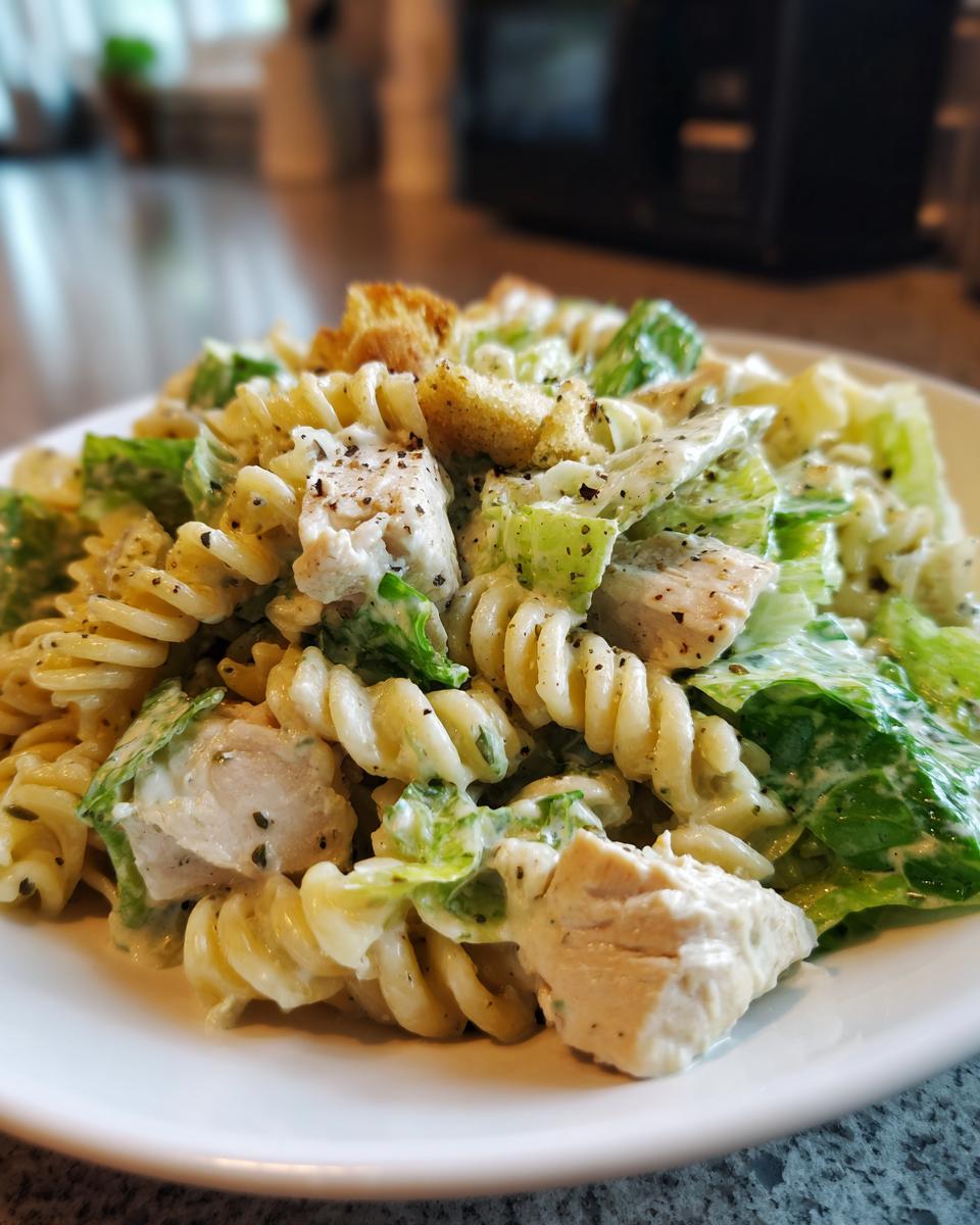 Close-up of a serving of chicken caesar pasta salad featuring rotini pasta, chunks of chicken, romaine lettuce, and croutons.