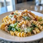 A close-up of a serving of chicken caesar pasta salad featuring rotini pasta, chicken pieces, romaine lettuce, and croutons.